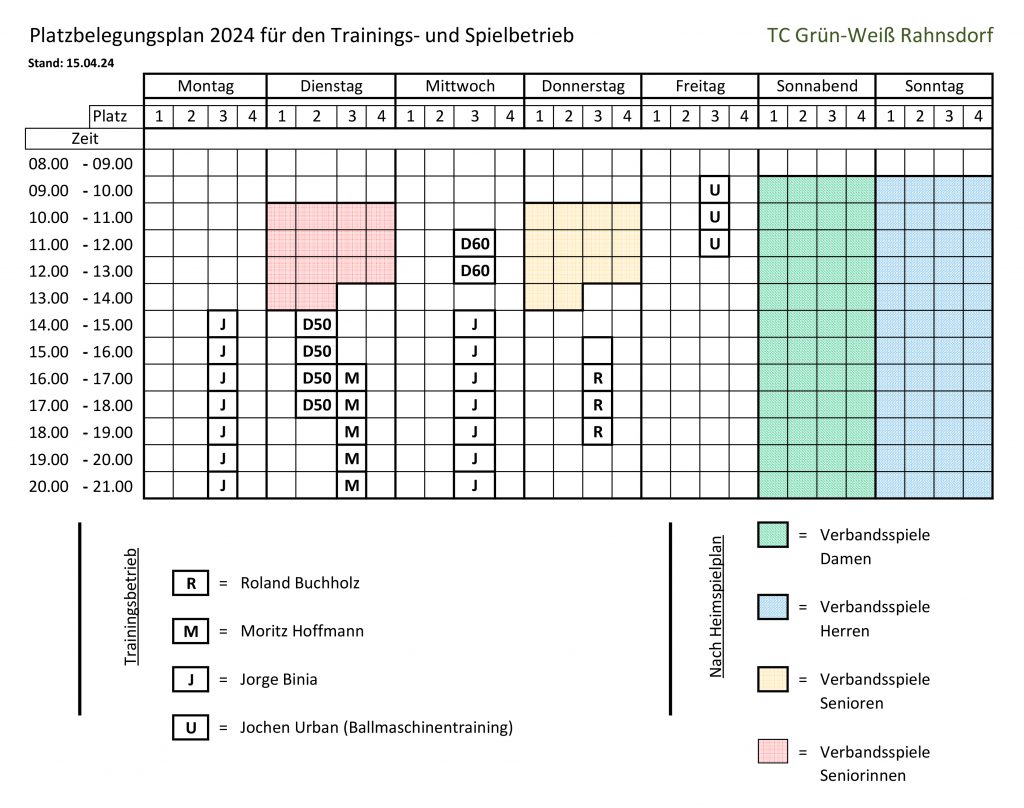 Platzbelegung Trainingsbetrieb 2024